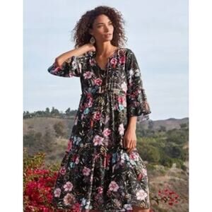 Johnny Was Womens Peace Ruffle Tiered Dress Medium Black Floral V Neck Boho
